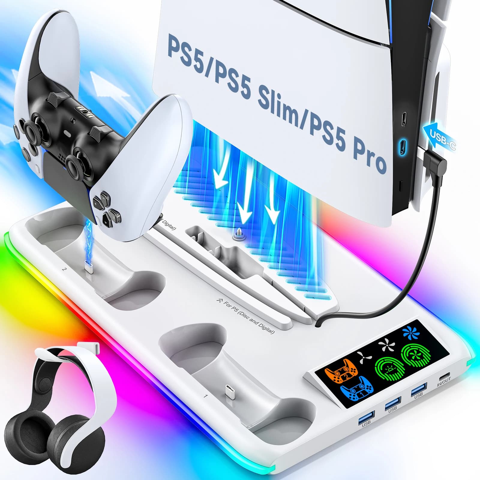 For PS5/PS5 Slim/PS5 Pro Support with headphone hook Cooling and controller charging station for PS5 with 3-level cooling fan