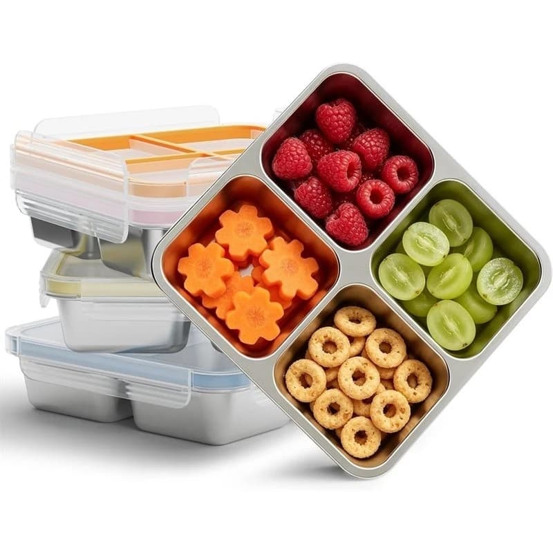 GIGI 4Pack Stainless Steel Snack Containers,4 Compartment Metal Snack Containers With Lid,Compact Food Storage Box Containers