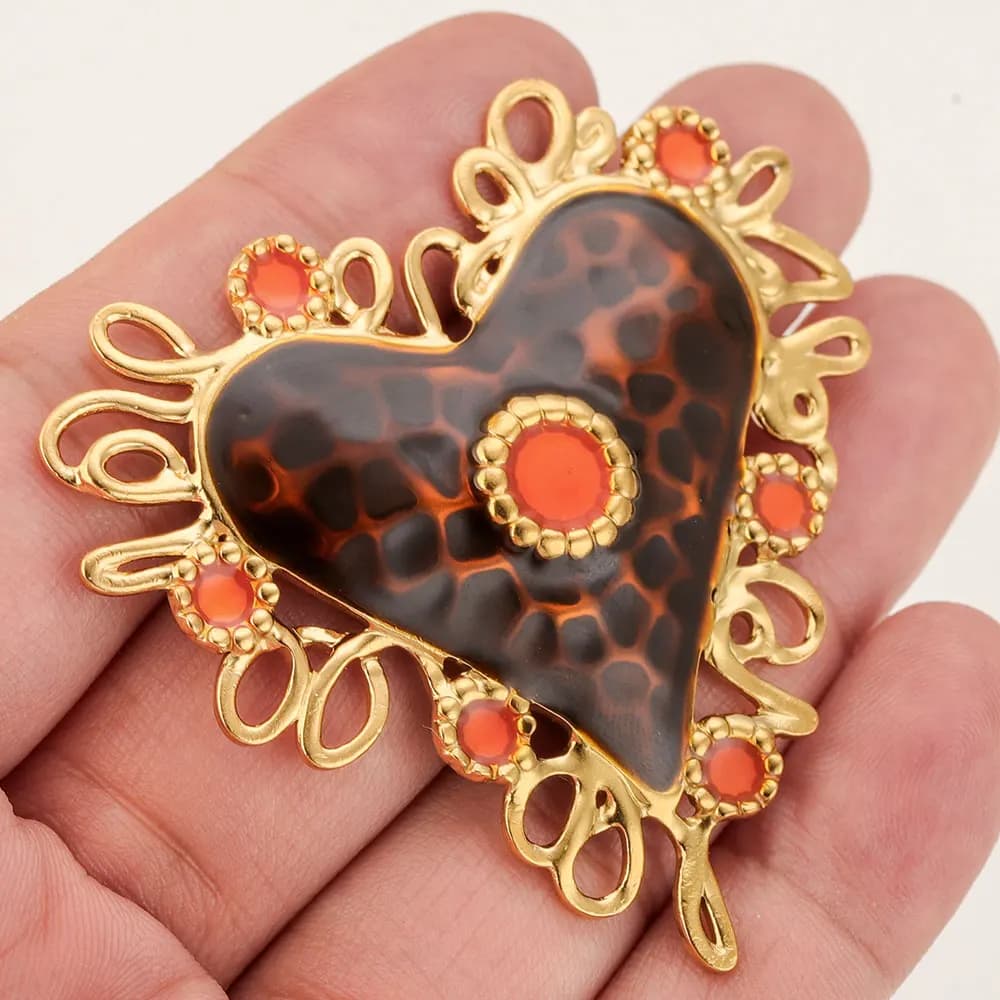 2pcs 55MM Stainless Steel Vintage Large Baroque Brown Sacred Heart Charm Pendant Earring Necklace Bracelet Jewelry Making Craft