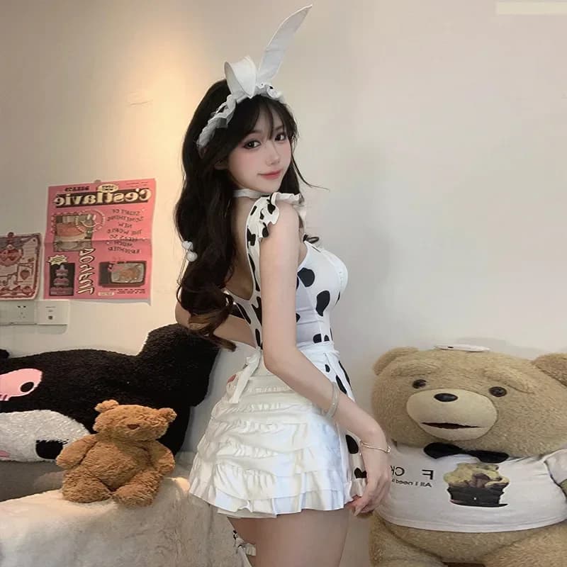 Costumi Cosplay 2026 per Donne, Dolce Abito da Cameriera Lolita Rosa e Nero, Vestito Lingerie con Stampa Mucca per Halloween