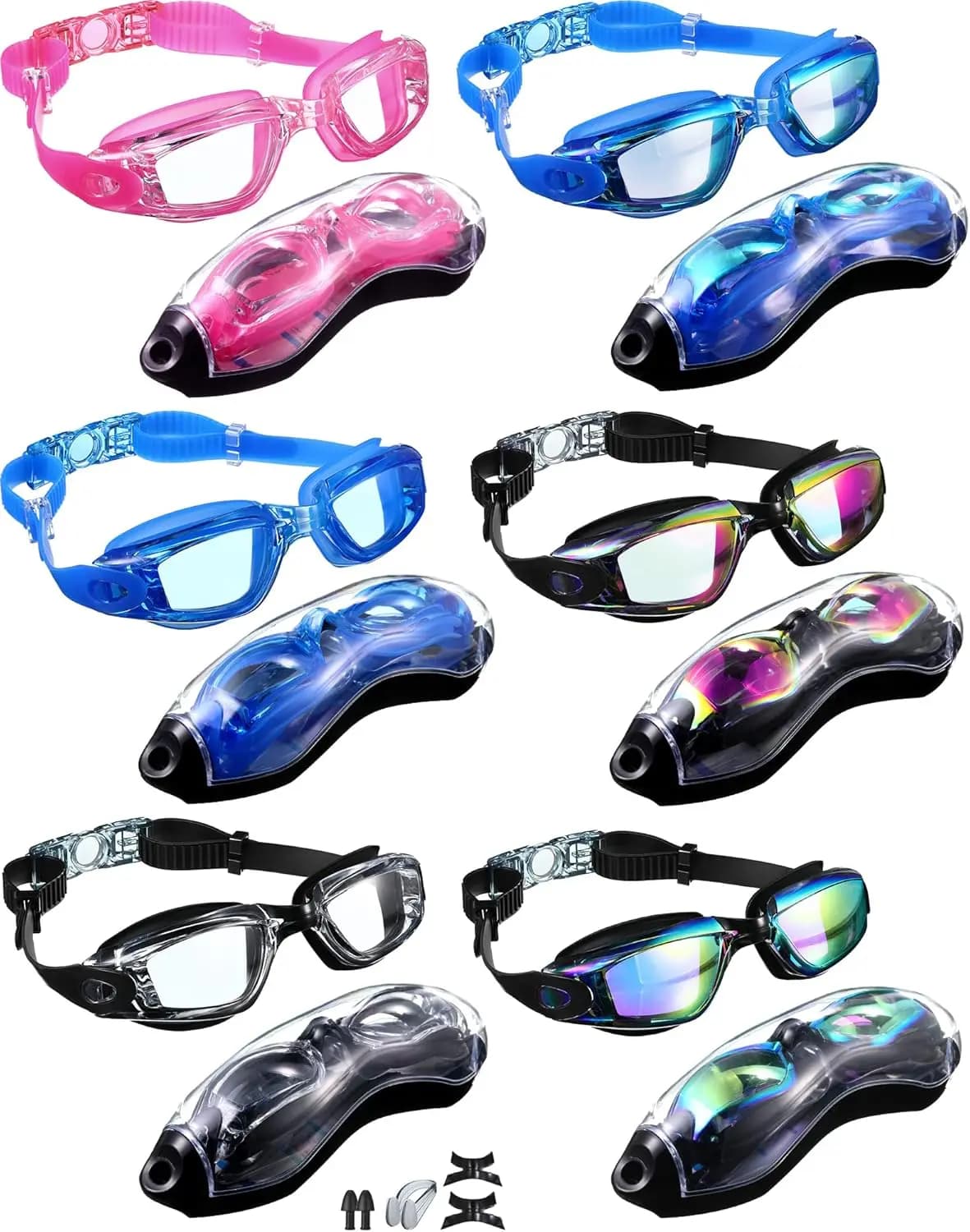 Confezione da 6 occhialini da nuoto anti-perdita, protezione UV, anti-appannamento, con clip per naso, tappi per le orecchie e custodie per uomo, donna e ragazzi