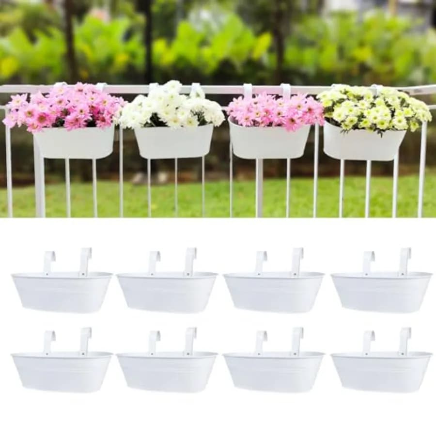 Outdoor white metal planter boxes for deck railing, 17-inch hanging flower pots with hooks, large window box plant holders, mod