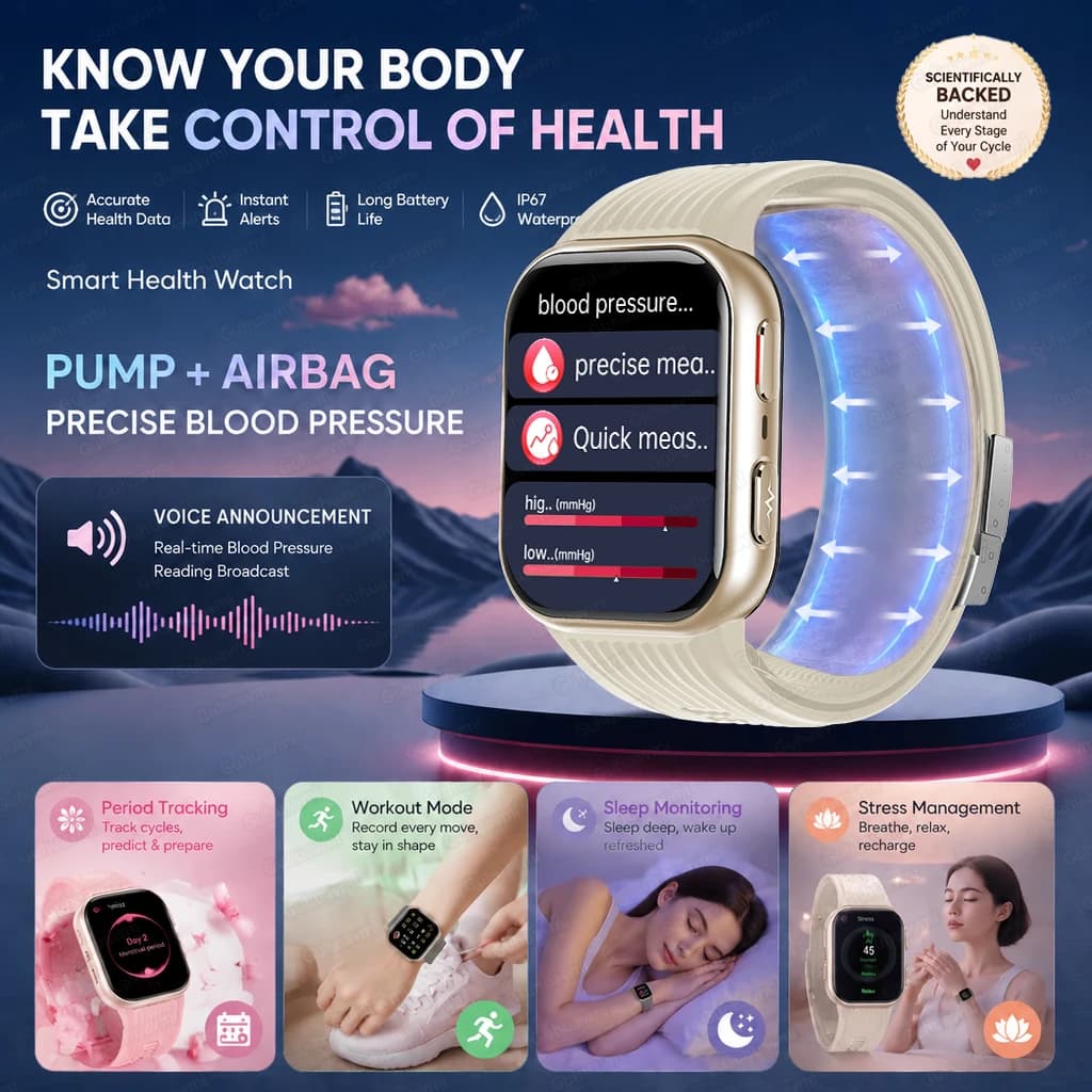 Women Health Smart Watch Airbag Blood Pressure ECG AI Diagnosis Heart Rate SOS BT Call Watch Ladies Smart Bracelet 1.95” Screen