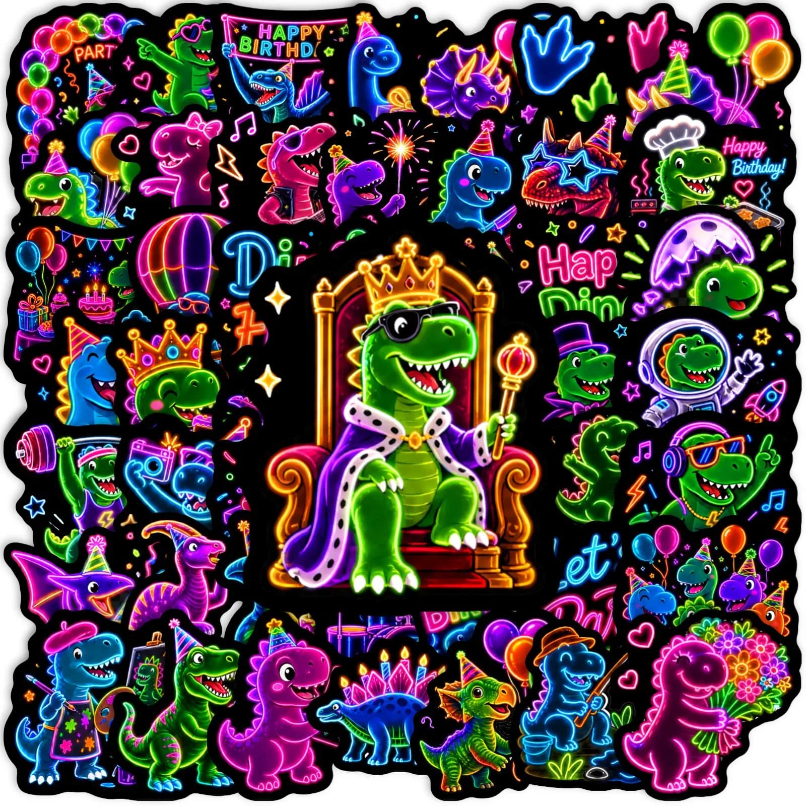 50/100-Pack Neon Dinosaur Cartoon Colorful Stickers Waterproof Decorative Decals for Notebook Guitar Fridge Student Stationery