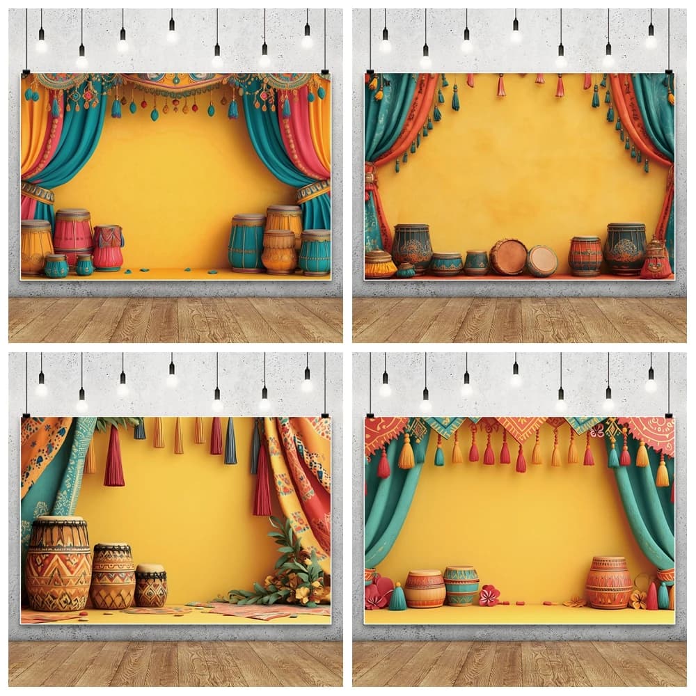 India Pooja Traditional Photography Backdrop Yellow Wall Tassel Curtains Drum Birthday Wedding Party Decoration Photo Background