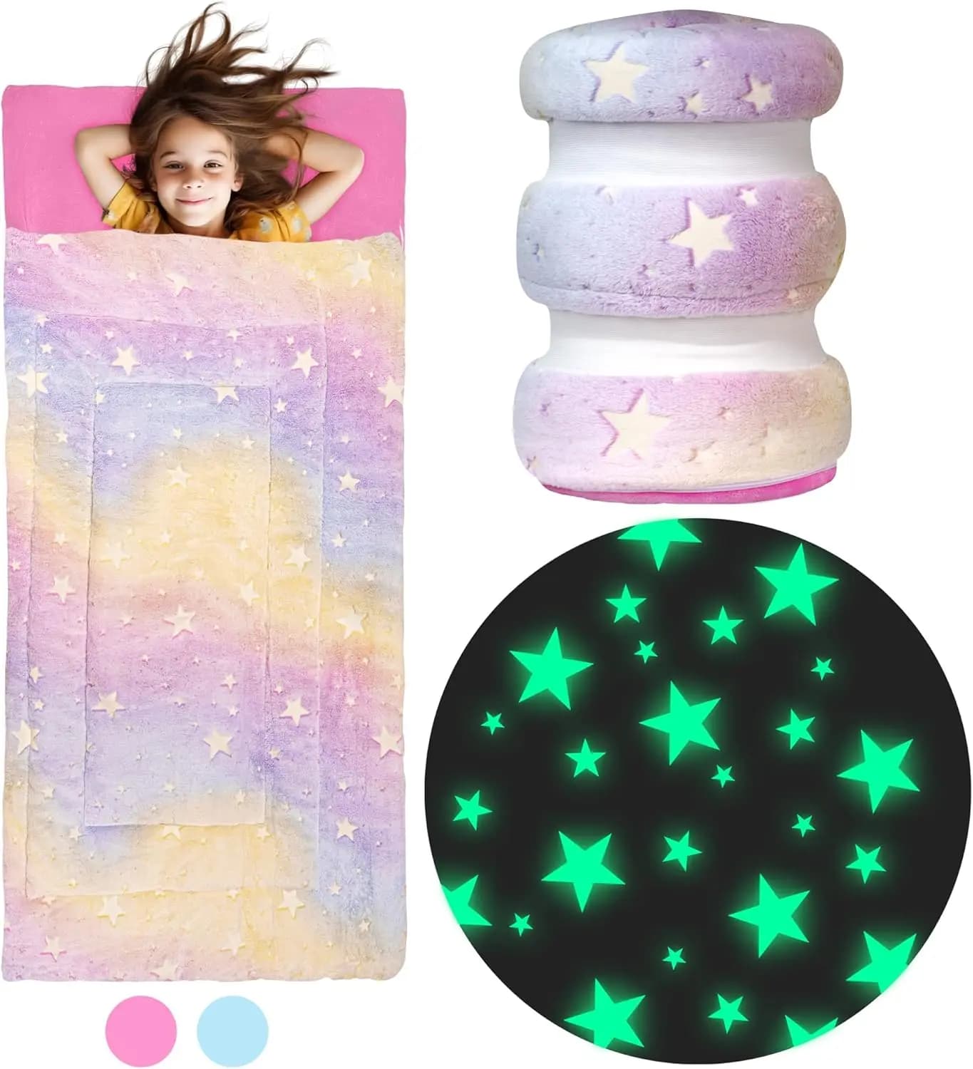 Children's sleeping bag that lights up in the dark for boys and girls from 3 years on, big with pillow pocket, extra soft blanket for small children (66" x 33")