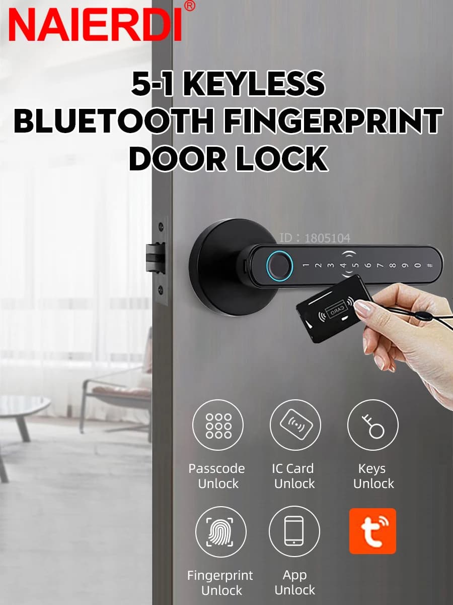 NAIERDI Smart Door Lock 5-1 Serratura per porta con impronta digitale Bluetooth senza chiave con scheda Tuya APP Serratura digitale di sicurezza con maniglia