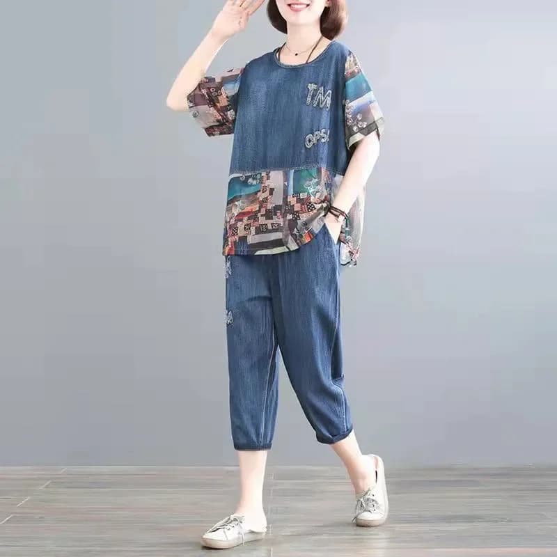 5XL Summer Women's jeans Set Spring Summer New Printed Seams Women's Fashion Set Short Trousers in Slim Denim Mother 2 pieces