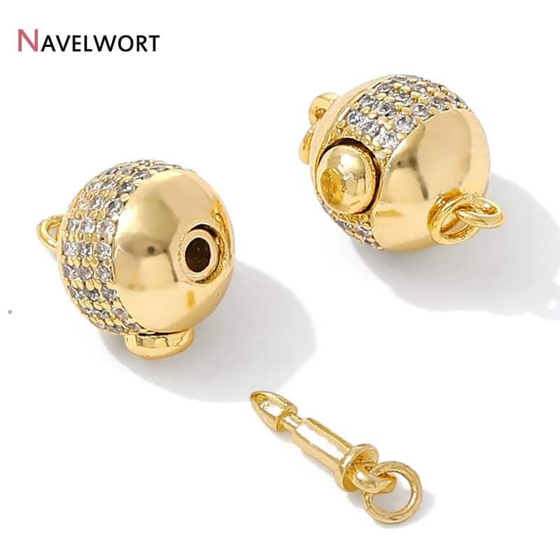 Chiusure magnetiche resistenti in ottone placcato oro 18 carati con connettori a sfera in zircone per accessori fai da te per la creazione di braccialetti e collane