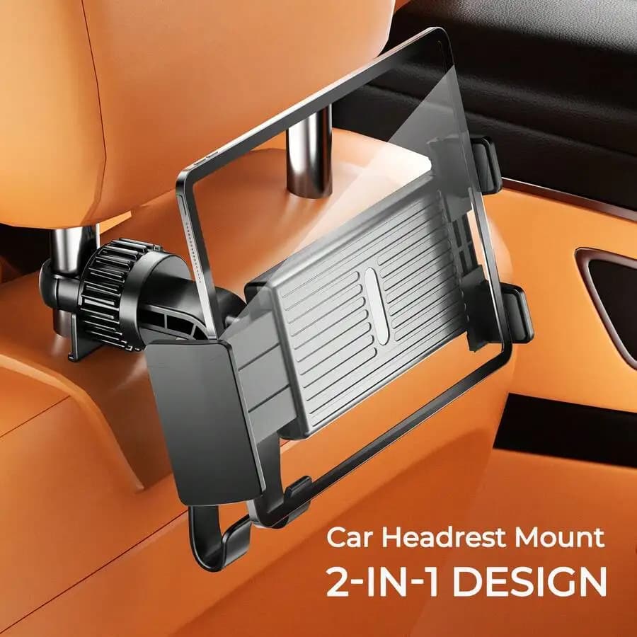 Supporto universale per poggiatesta auto per telefono e tablet, design 2 in 1, doppi ganci, rotazione a 360° ° Blocco a vite rotante stabile senza scuotimenti