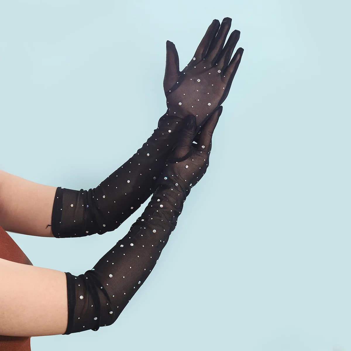 Nuovi guanti a rete con diamanti scintillanti da donna, ultra sottili, lunghi, estivi, da ciclismo, sexy, con protezione solare nera