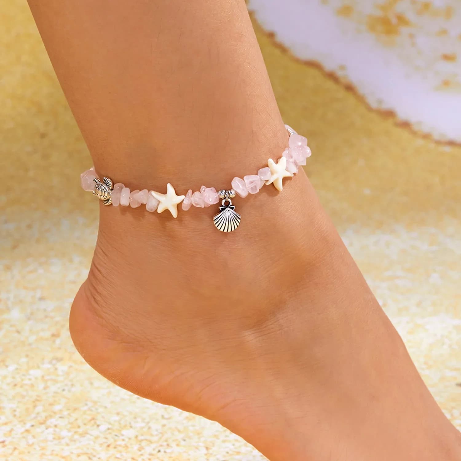 Fashion Gravel Bead Shell Pendant Anklets for Women Boho Starfish Turtle Crush Stone Bracelet on the Leg Barefoot Sandal Jewelry