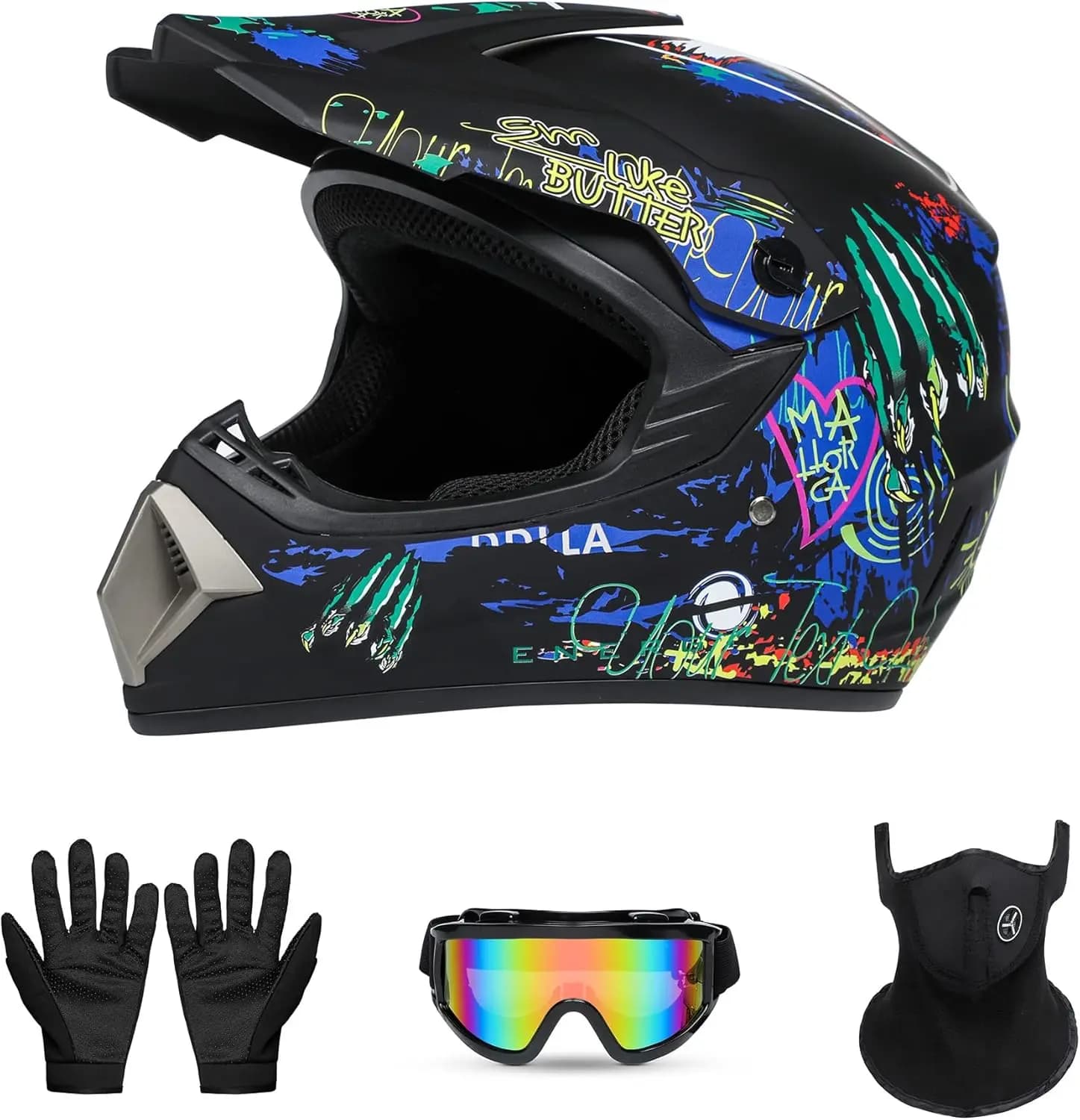 Casco Integrale per Giovani per BMX, Mountain Bike e Motocross Fuoristrada, Certificato DOT, Leggero, Set da 4 Pezzi