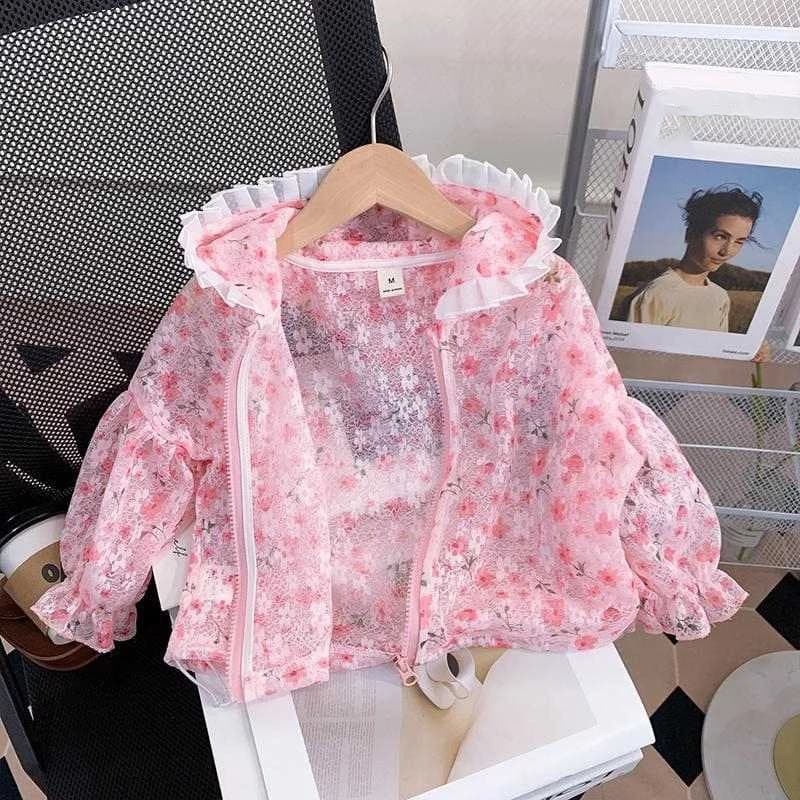 Vestiti per la protezione solare per ragazze carine Cappotti sottili con cappuccio scavati floreali rosa Top estivo leggero e traspirante con cerniera per bambini