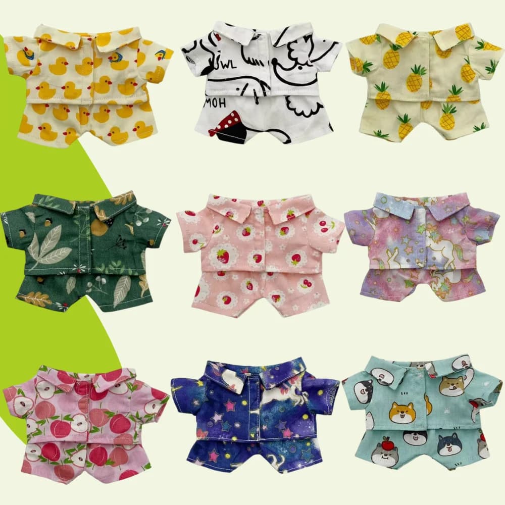 20CM Peluche Vestiti per le bambole Vestito Frutta Animali Stampa Camicia con risvolto Pantaloni Abbigliamento casual Peluche in cotone Accessori per bambole idol