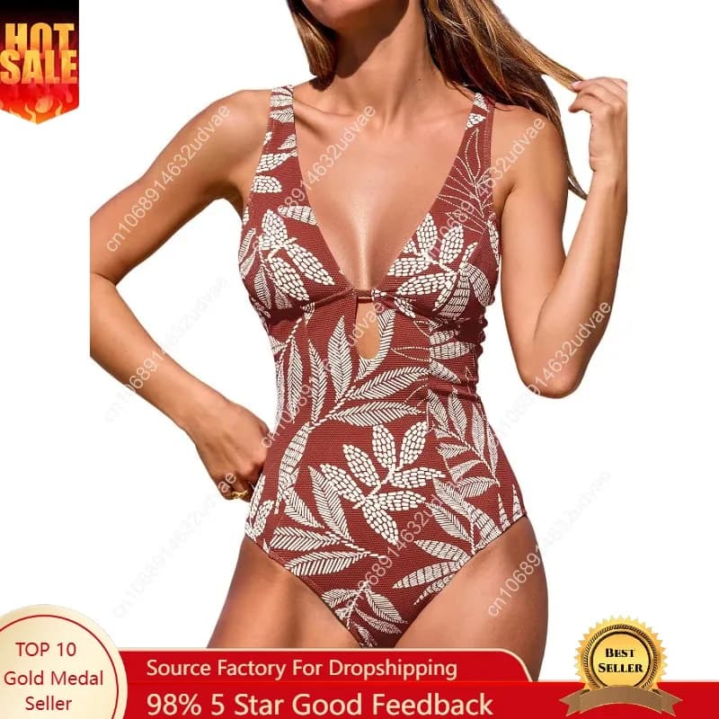 Women's entire swimsuit with deep V neck, drop cut and O ring, textured