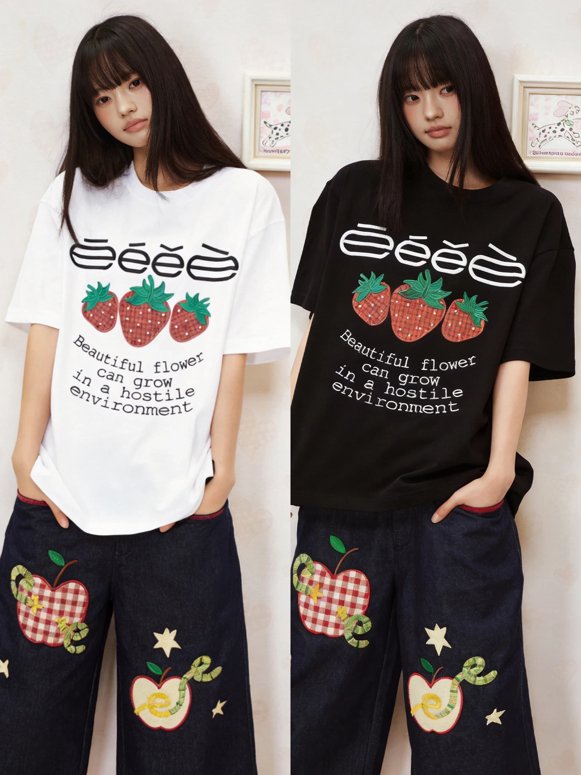 Eeee Design Strawberry Embroidered Patchwork Short Sleeve Letter Slogan T-Shirt Summer Breathable Skin-Friendly round Neck