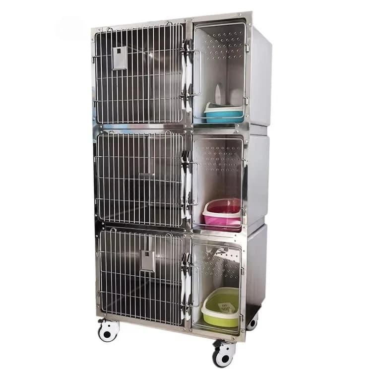 Attrezzatura Veterinaria OSCAT, Gabbia per Gatti con Lettiera e Ruote, Tre Livelli in Acciaio Inox, Modello EC-6 a Prezzo di Fabbrica