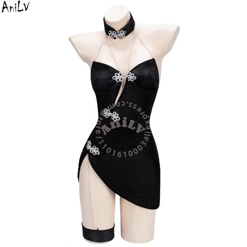 AniLV Female Agent Assassin Chinese Chipao Women Cheongsam Black Polished Cosplay Dress Costumes