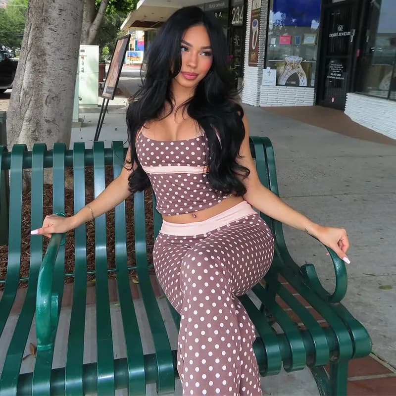 Nuovo Set Moda Spice Girl: Gilet a Pois e Pantaloni a Vita Bassa con Contrasto