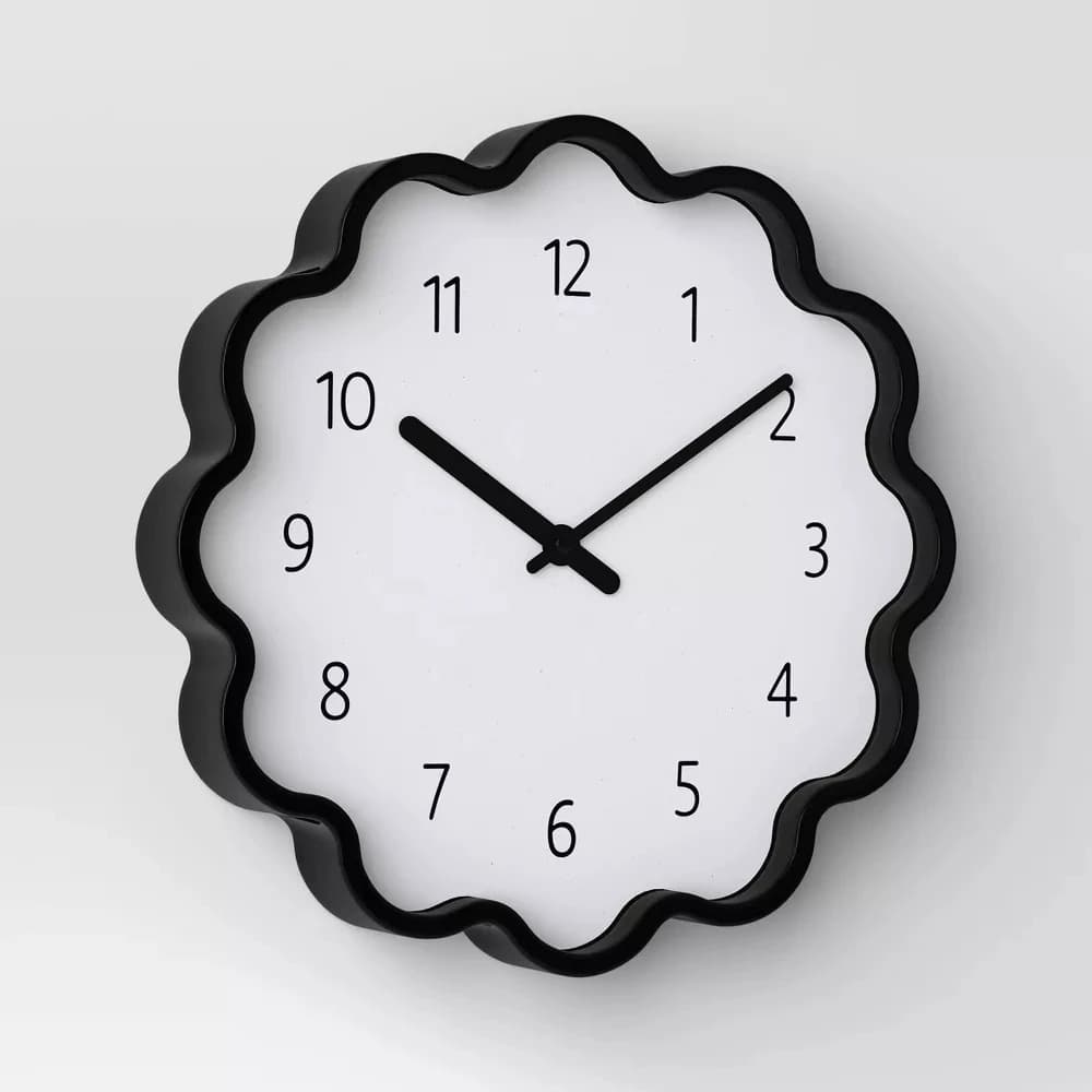 12 inch battery wavy wall clock, modern decorative analog wall clock for bathroom, kitchen, bedroom, living room, black