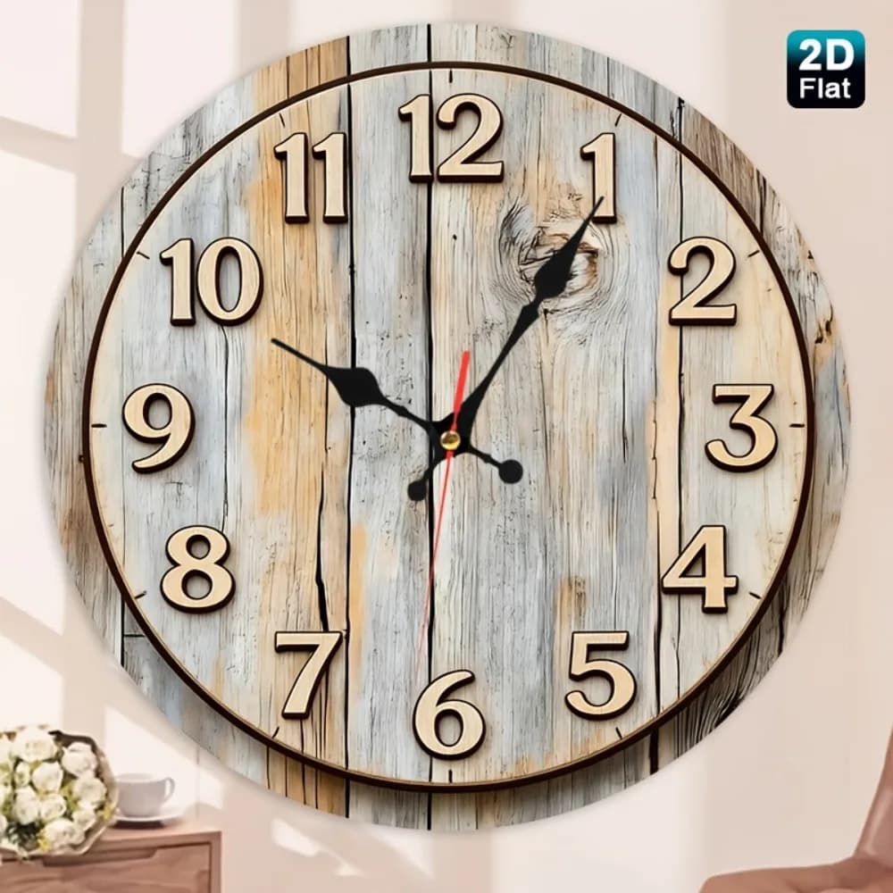 A 2D Flat Wooden Wall Clock Featuring a Weathered Barn Wood Texture with Noticeable Grain And Knots, Designed in a Rustic Countr