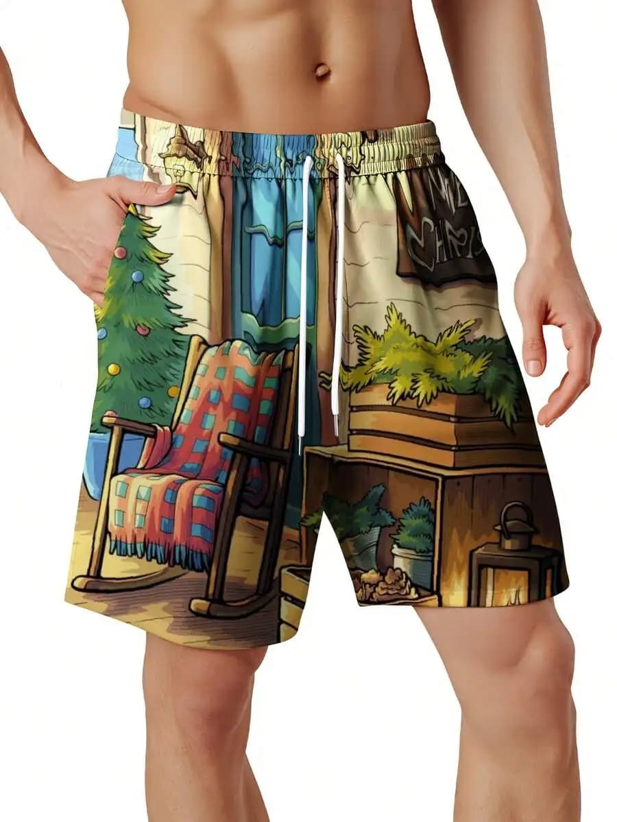 Merry Christmas Printed Beach Shorts Men Summer Swim Trunks With Drawstring Waist