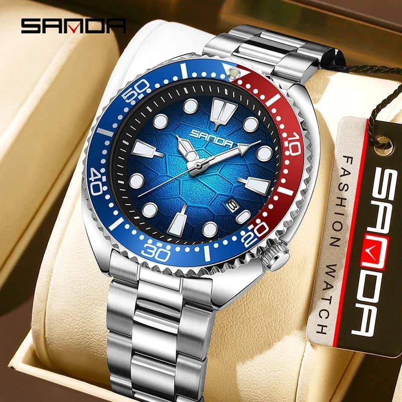 SANDA Luxury Fashion Men Quartz Watch Rotatable Bezel Luminous Calendar Waterproof Stainless Steel Casual Business Men Watches