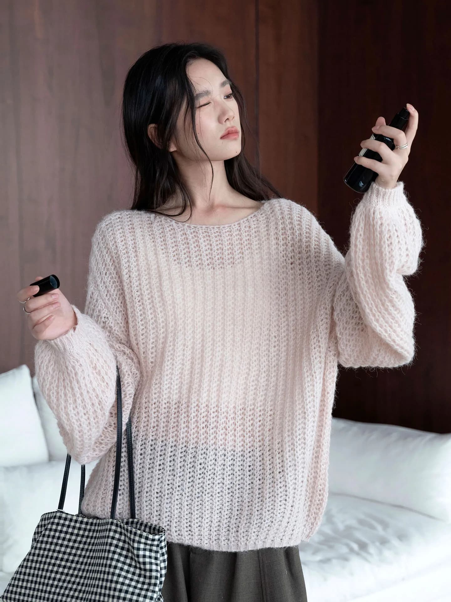 Autumn new Japanese style lazy one neck thick needle mohair fur coat soft cotton wool top for women