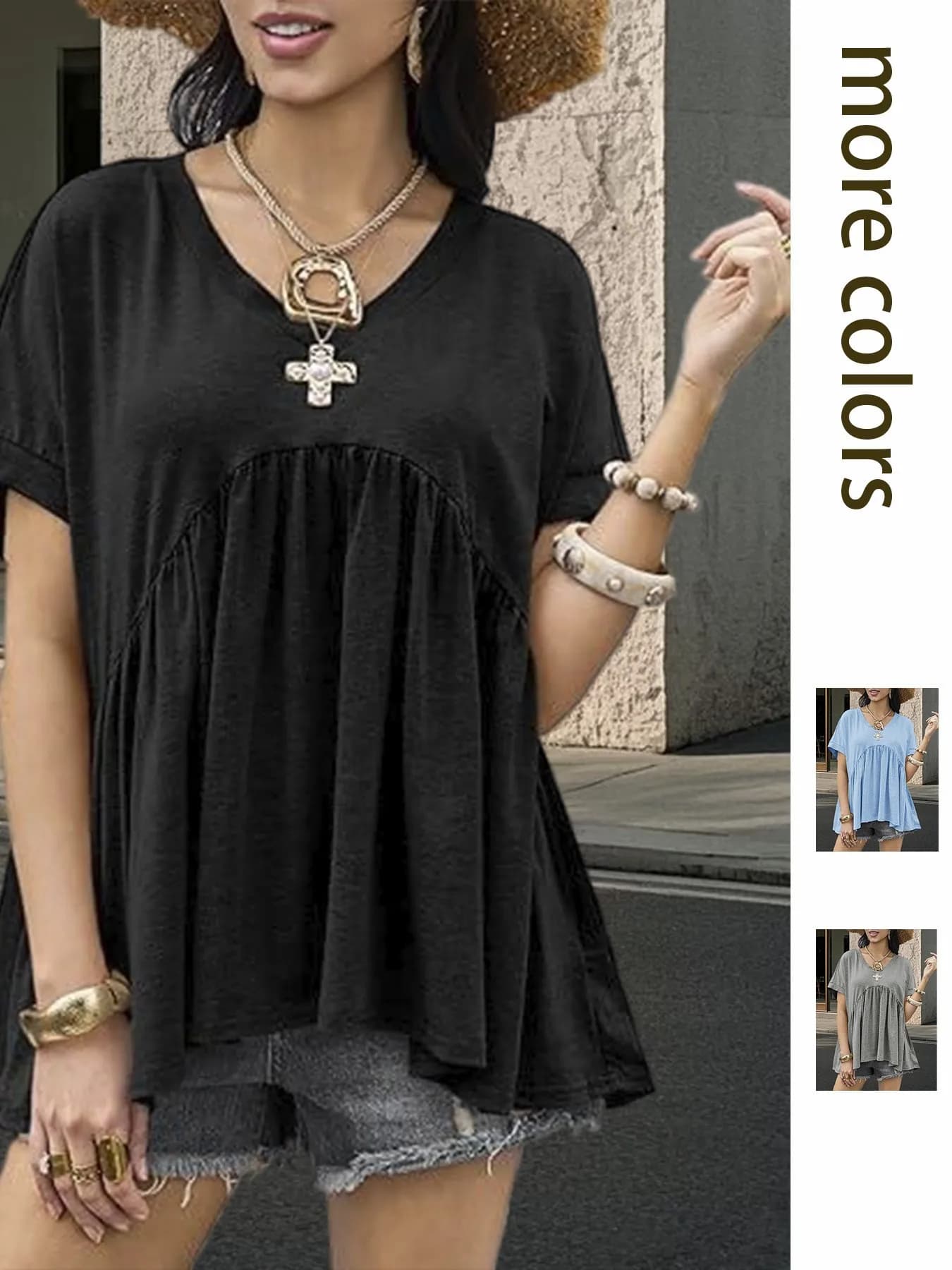 Nuova Camicia Estiva da Donna Stile Occidentale, Modello Babydoll Ampio, T-shirt a V con Pieghe a Vita Alta e Effetto Snellente