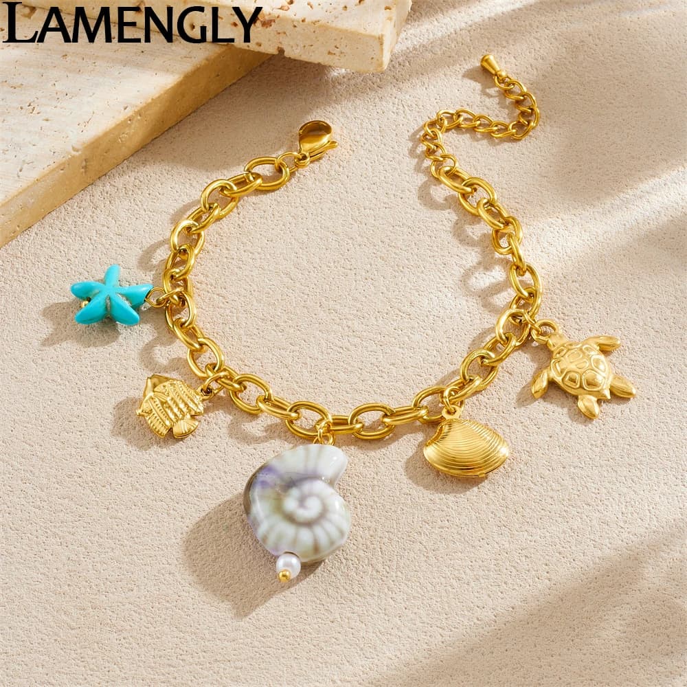 LAMENGLY Acciaio inossidabile 316L Animale marino Tartaruga Stella marina Conchiglia Bracciale con ciondoli Donna Nuova tendenza Catena a mano Regalo di gioielli