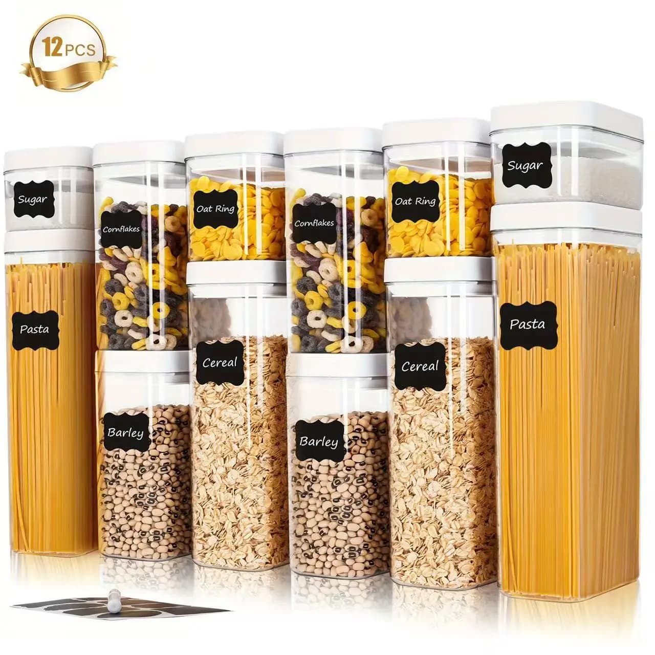 Set di 12 Contenitori Ermetici per Alimenti con Coperchi per Organizzazione Cucina, Alta Trasparenza in PET per Pasta e Zucchero