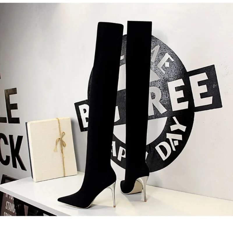 Quality Women's Black Stiletto Heel Over-the-Knee Boots Trend New Slim Fit Pointed Toe Stretch Fabric Nightclub Party Tall Boots