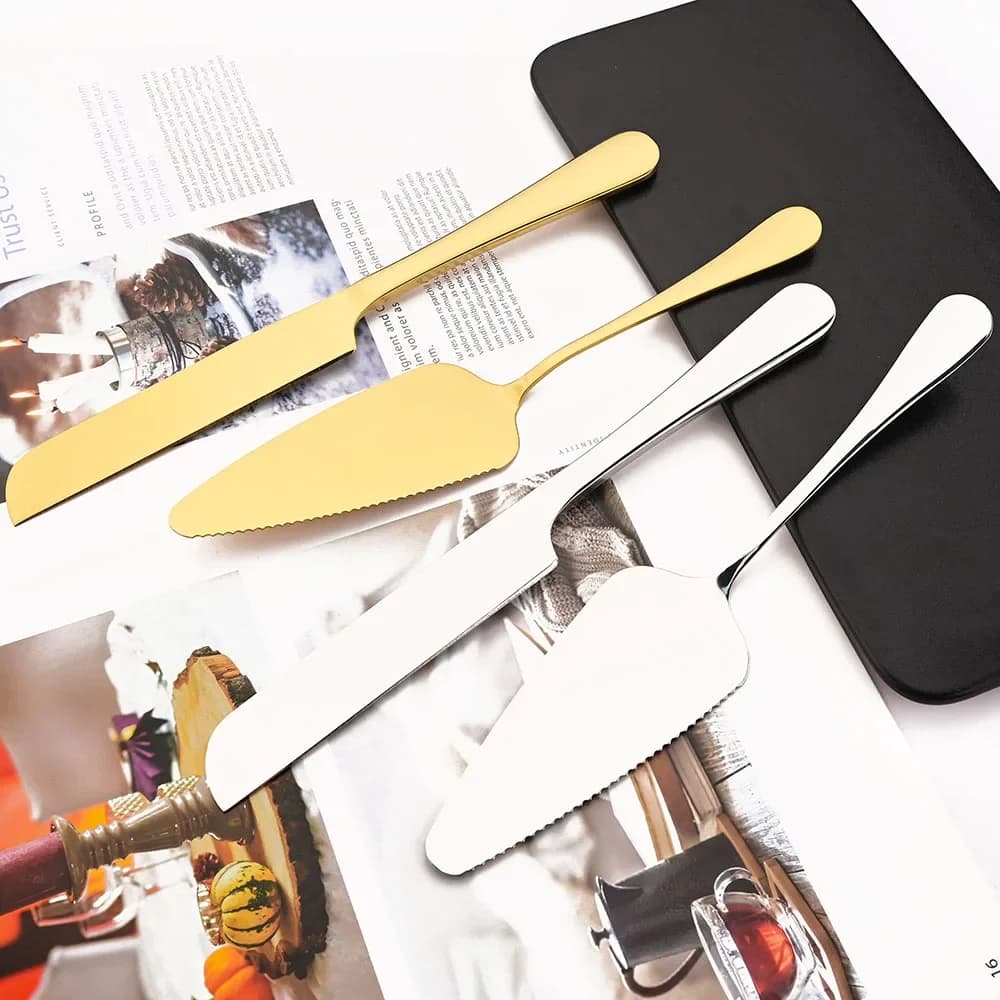 Set di posate in oro da 2 pezzi, coltello per torta in acciaio inossidabile, spatola a manico lungo, utensili da cucina per torte, dessert e pizza