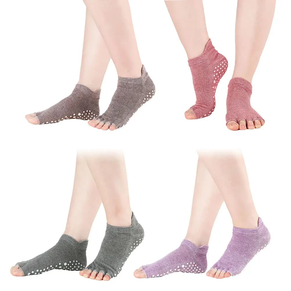 4 pairs of women's yoga socks without fingers, with non-slip silicone sole, comfortable breathable socks for yoga, pilates, bars, ballet