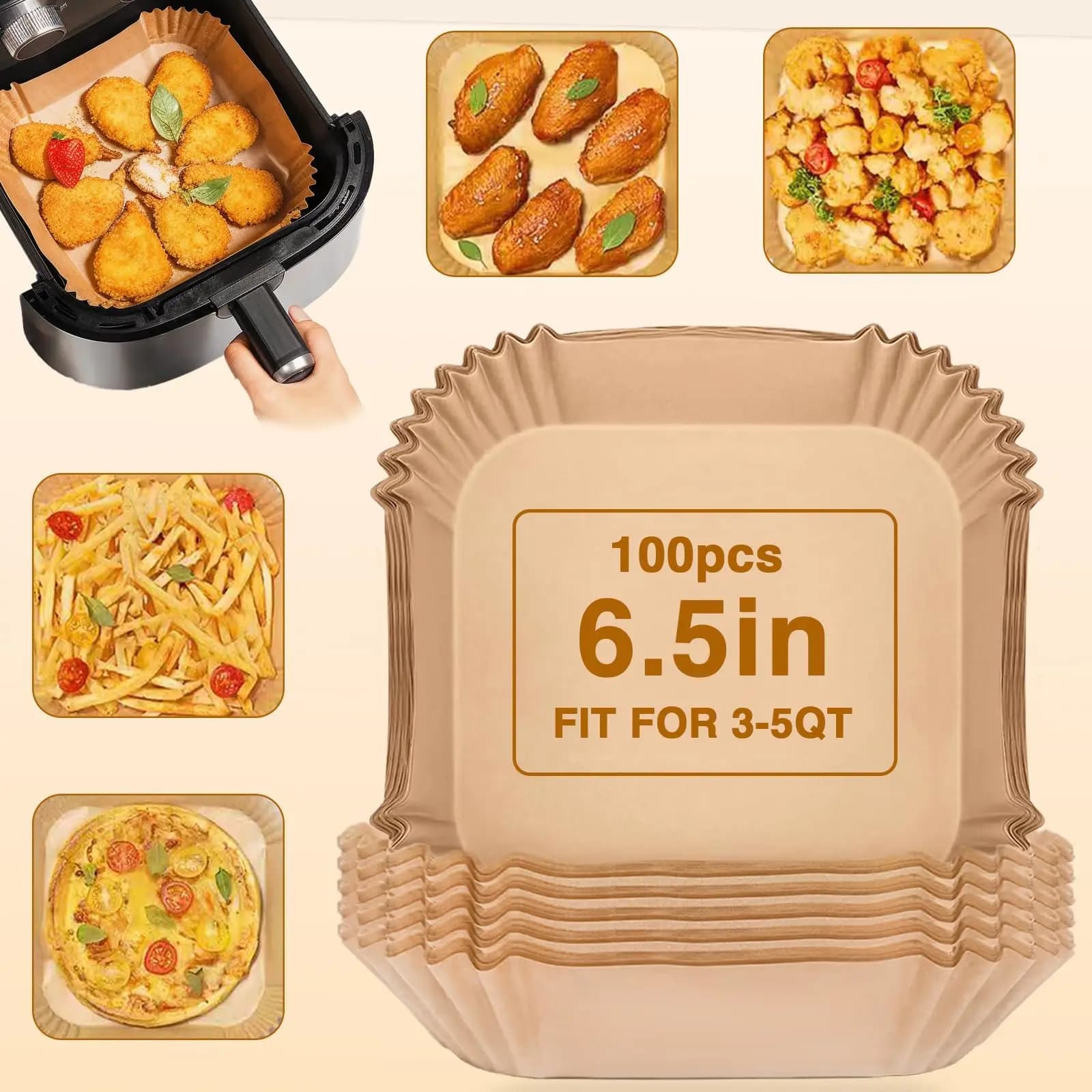 Fogli di carta per friggitrice ad aria quadrati usa e getta, 100 pezzi, in carta forno antiaderente, per friggitrice ad aria da 3-5 Qt, per cottura e arrosto