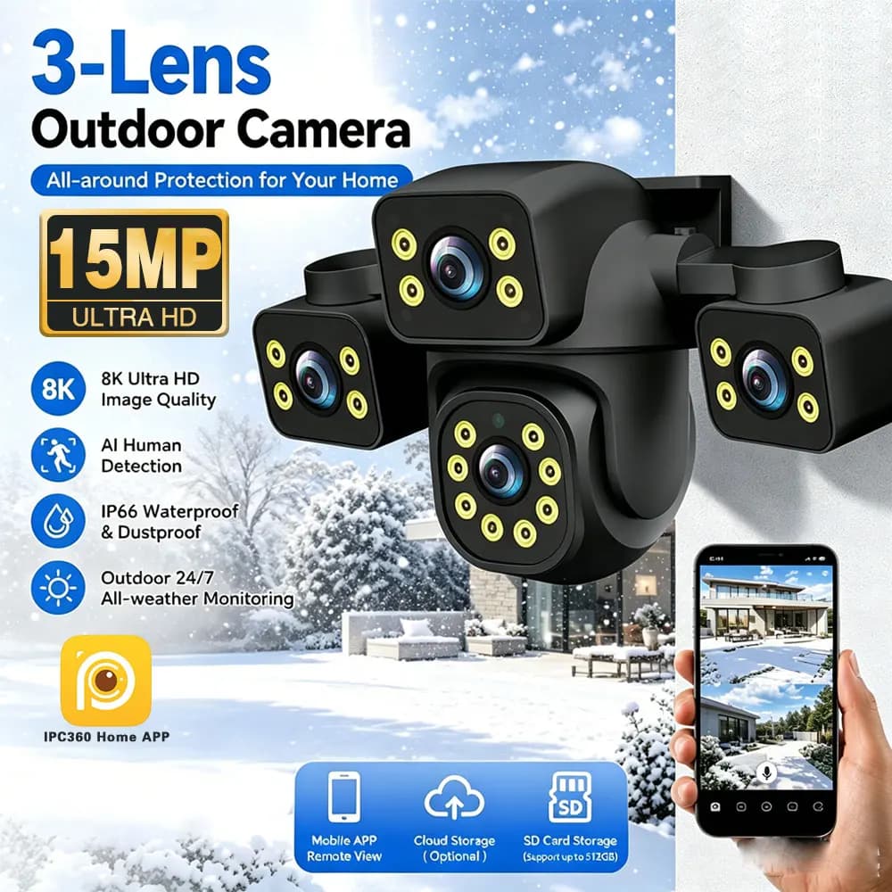 Telecamera WiFi HD 8K da Esterno 20MP con Zoom 10X, Quattro Lenti, Tre Schermi, Tracciamento Automatico, Protezione di Sicurezza PTZ CCTV per Videosorveglianza