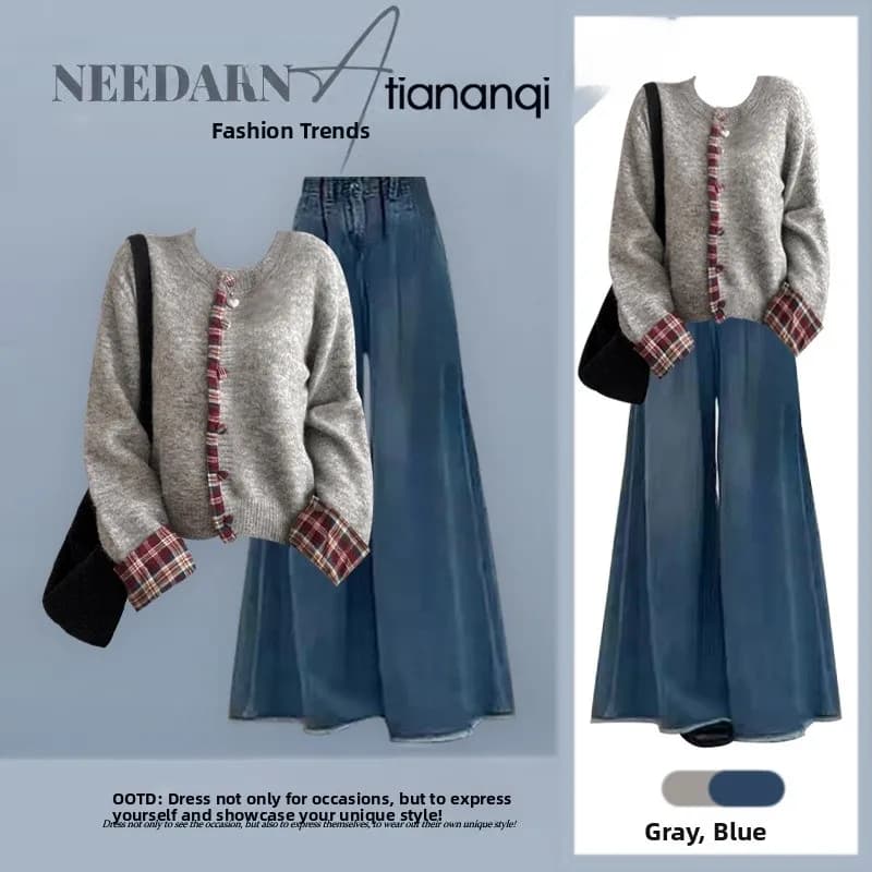 Set Due Pezzi alla Moda per Donna: Maglione Lavorato a Maglia e Jeans a Vita Alta, Design a Quadri in Stile College per Autunno e Inverno
