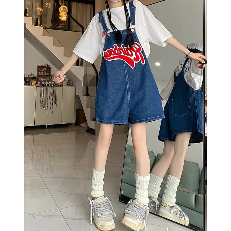 Pantaloncini di jeans da donna streetwear Kawaii tuta da donna moda ricamo jeans oversize a gamba larga abiti Y2k femminili pantaloni blu profondi