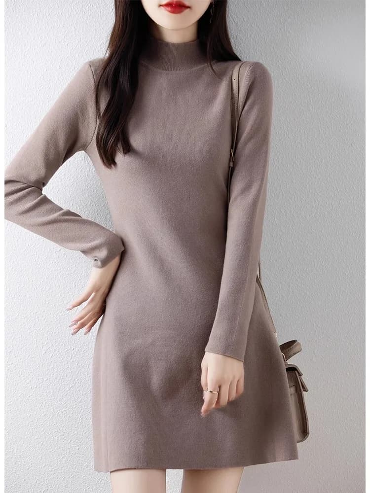 Abito in Cashmere Autunno Inverno da Donna, Vestito Lungo Modellante con Cintura in Vita, Stile Semplice per il Lavoro, Linea ad A