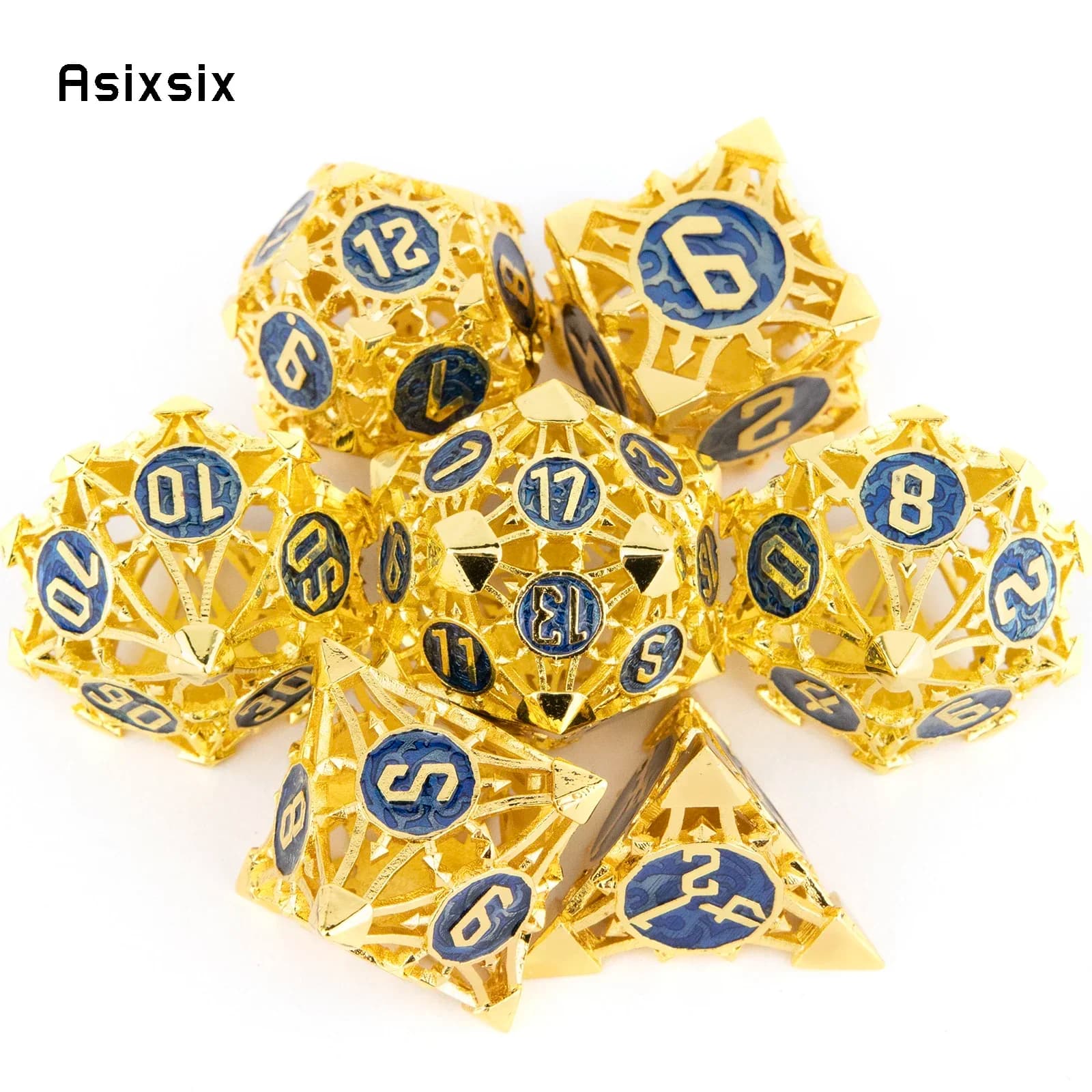 Set di 7 Dadi Metallici Gialli e Blu, Dadi Poliedrici Cavi in Metallo, Adatti per Giochi di Ruolo RPG e Giochi da Tavolo, Idea Regalo