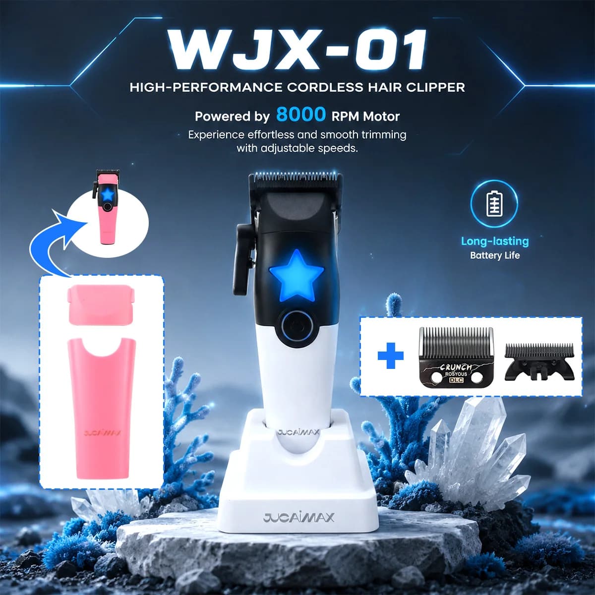 JUCAIMAX WJX-01 Clippers for Men 8000RPM Brushless Motor DLC Blade with Base Charger Professional Barber Machines Hair Trimmer