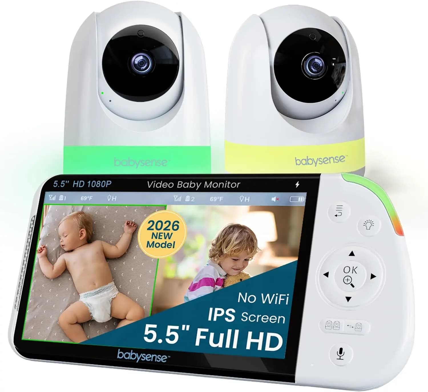 Baby Monitor Full HD da 5.5" con Schermo Diviso, 2 Telecamere, Luce Notturna, Rumore Bianco, Batteria da 20 Ore, Sicuro Senza WiFi