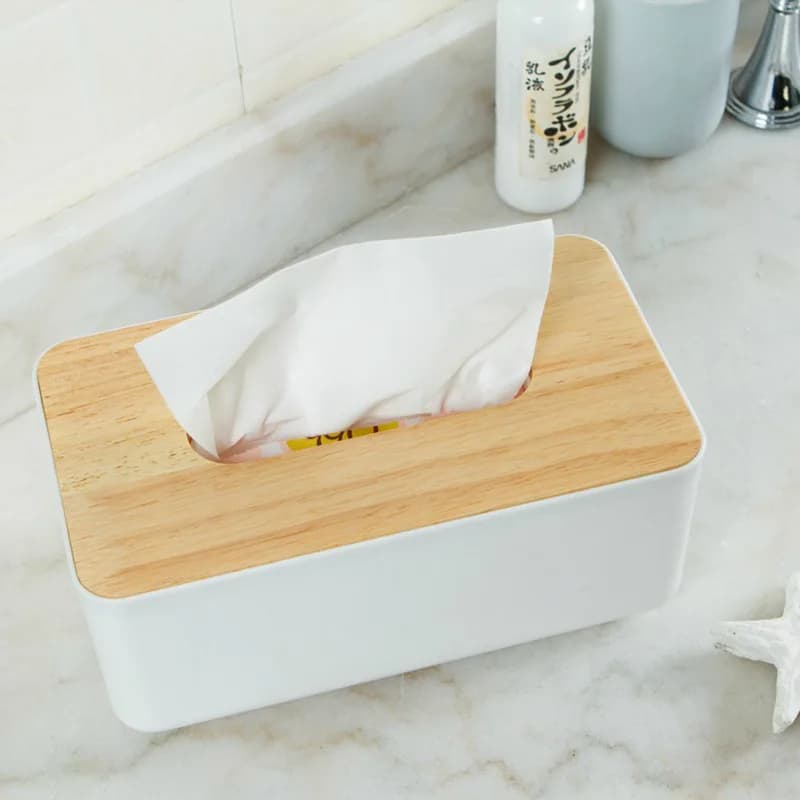 Organizer per Auto e Casa Moderna, Porta Fazzoletti in Plastica con Coperchio in Legno, Contenitore Quadrato per Tovaglioli, Dispenser per Salviette Umidificate