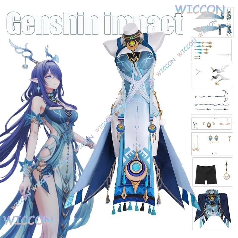[COSROOMSTORE]Genshin Impact Lauma Costume Cosplay Parrucca Abito Uniforme Copricapo Orecchini Frostmoon Scions Halloween Party Outfit W