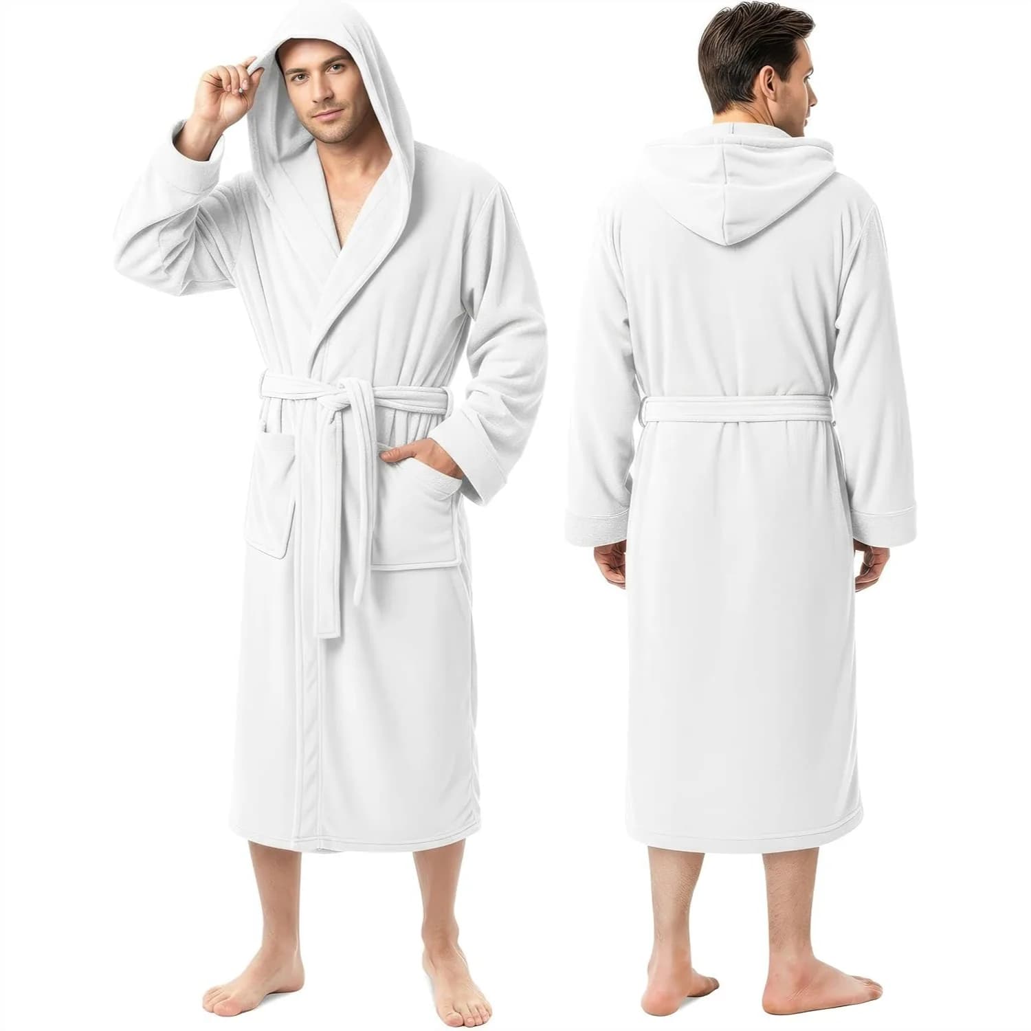 Men's Hooded Fleece Bathrobe with Pockets, Plush Spa Robe for Relaxation and Lounge