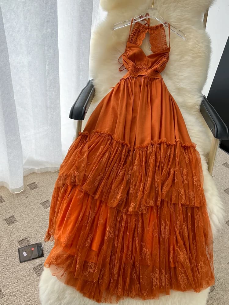 Abito lungo da donna sexy con scollo all'americana, senza schienale, con pizzo, estivo, modellante, a balze, stile coreano, con vita arricciata