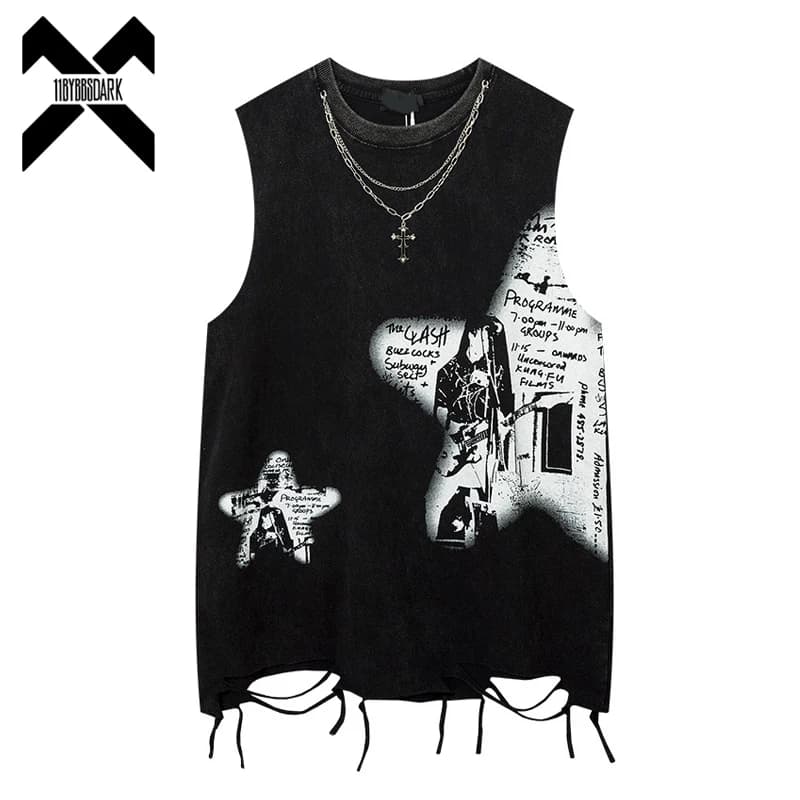 Hip Hop Fashion Men's Canots with Print Graffiti Sleeveless T-shirt Necklace with Ripped Hole Harajuku Dancing Tops Streetwear