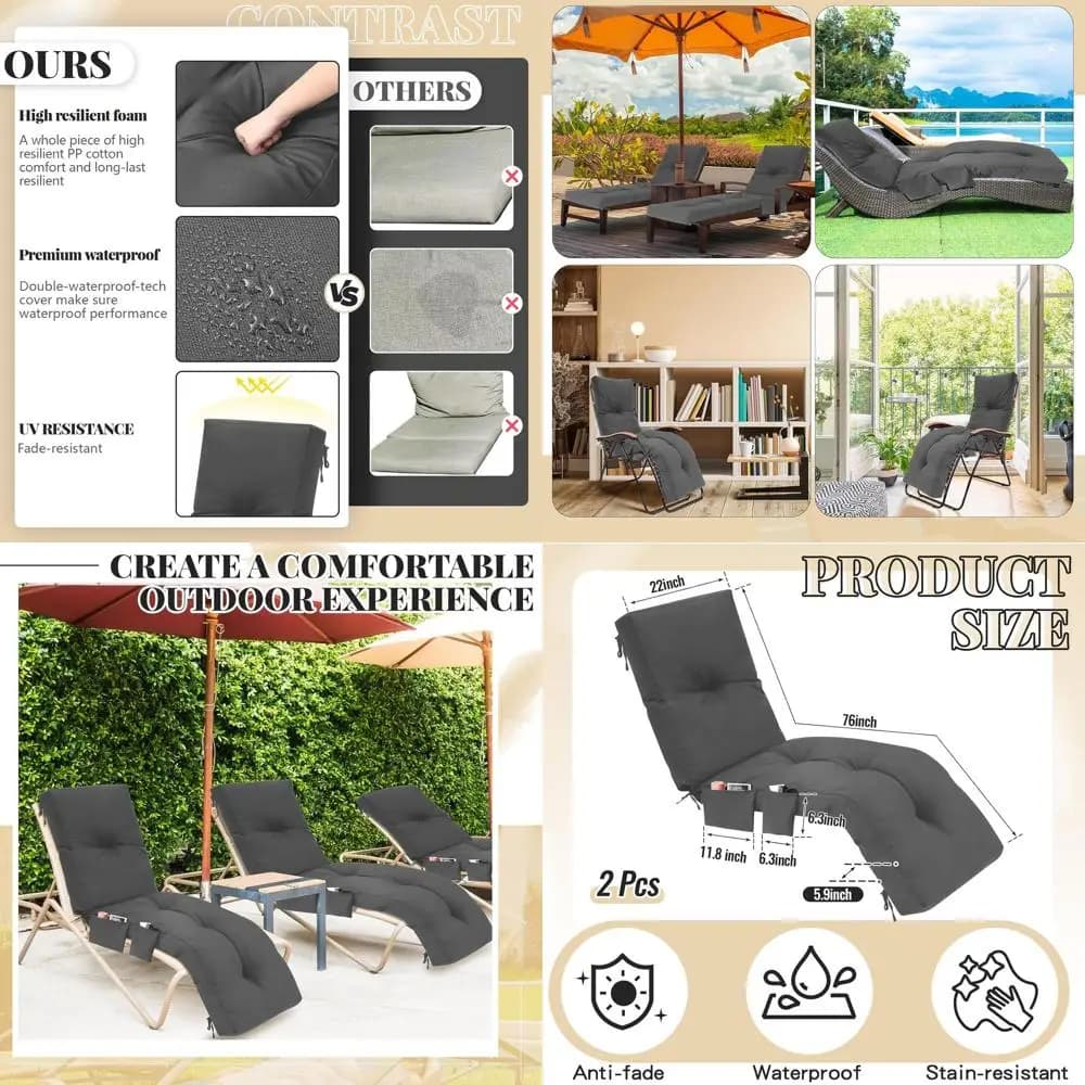 Confezione da 2 cuscini impermeabili per sedie reclinabili, 76x22x6 pollici, grigio, tinta unita per mobili da esterno, giardino e piscina