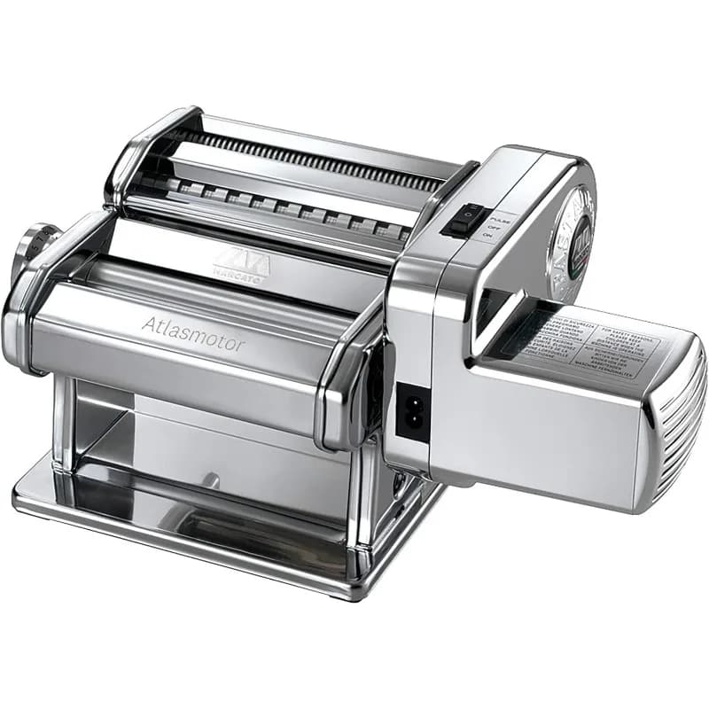 MARCATO Macchina Elettrica per Pasta 110V, Acciaio Cromato. Il set include Atlas 150, manovella, morsetto, motore Pastadrive e manuale di istruzioni.